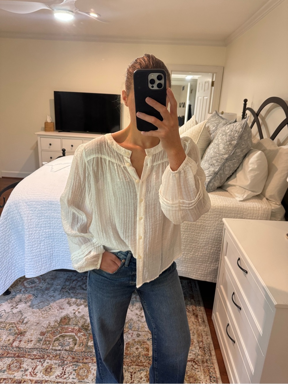 LOFT Cream Textured Button-Front Blouse